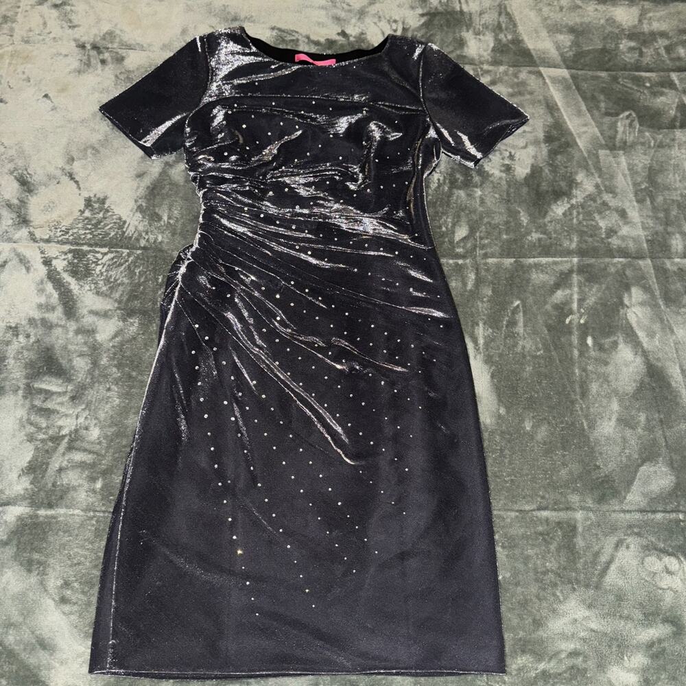 Catherine Malandrino Sheath Dress Womens 2 Metallic Gray Rhinestone Side Ruching